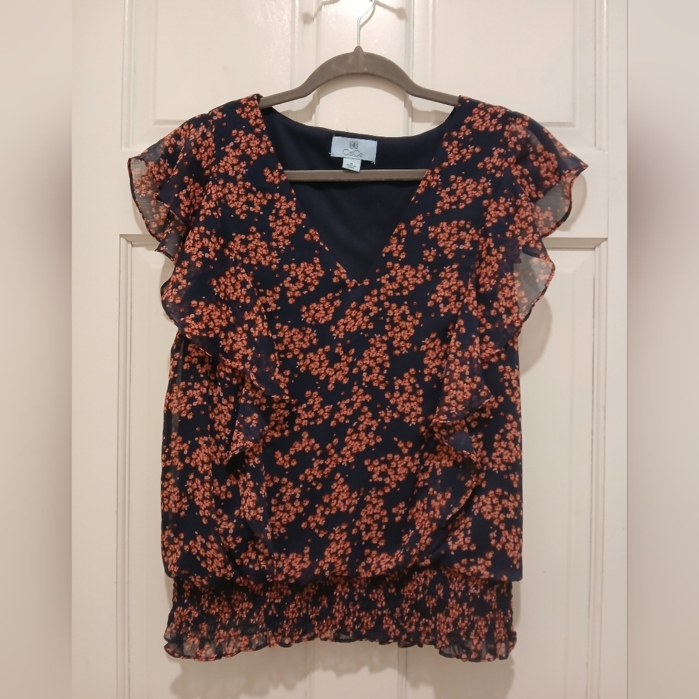 Women's Navy and Orange Floral Top